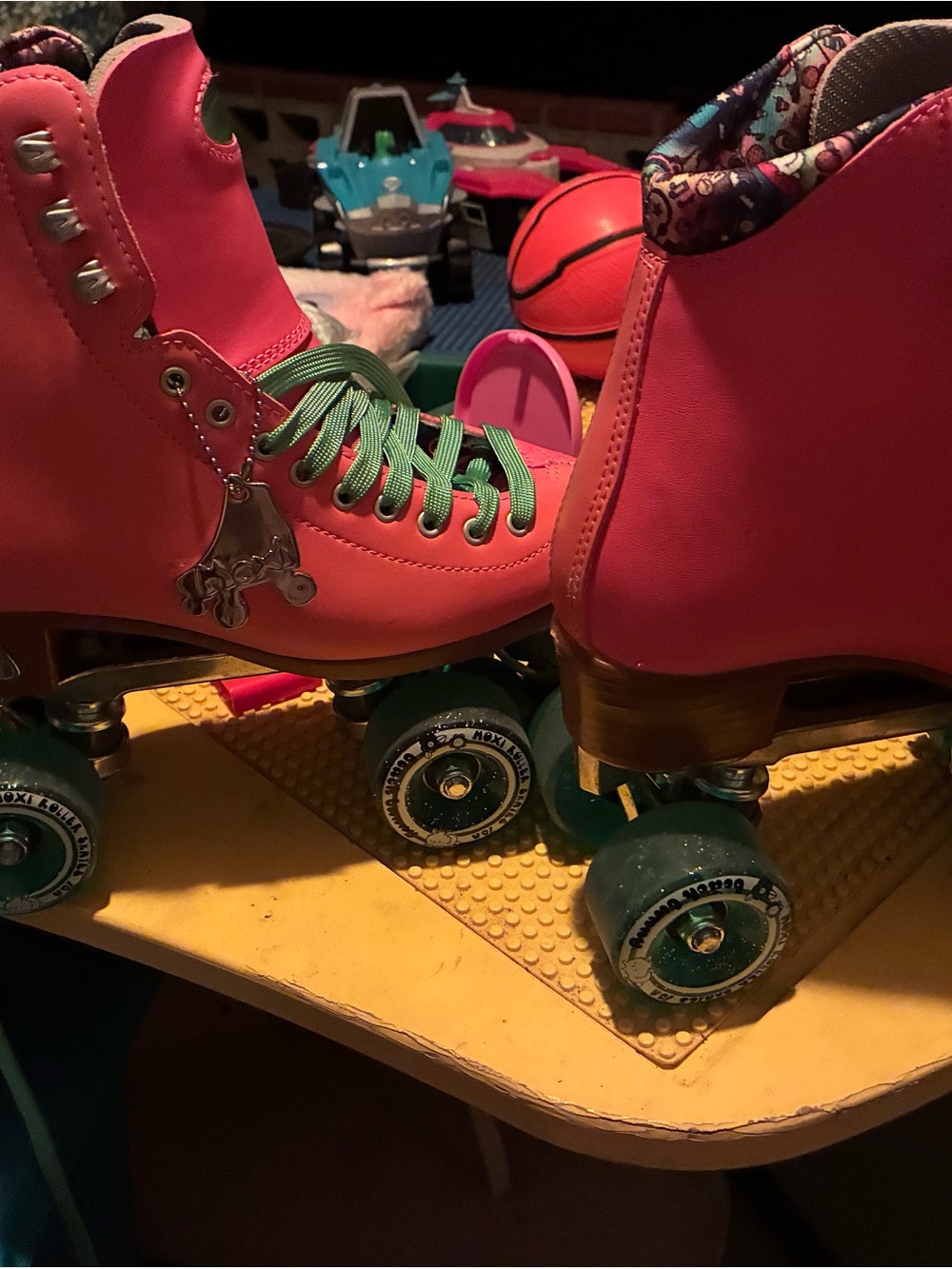 Kids Pink Roller Skates with Green Laces